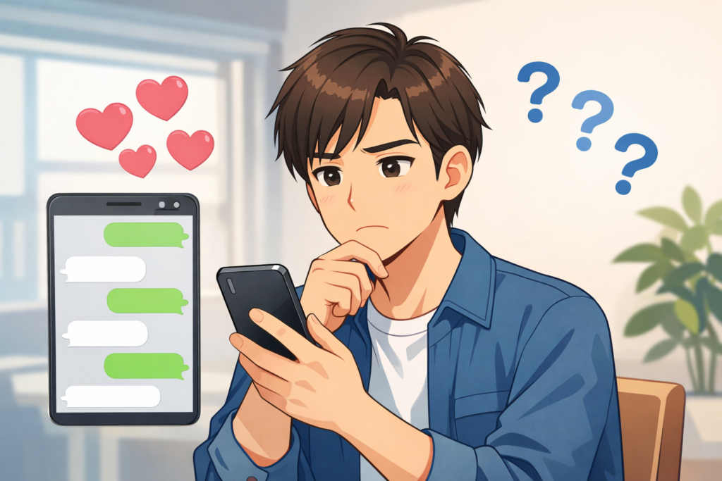 スマホを見ながら相手の好意か社交辞令か悩む男性