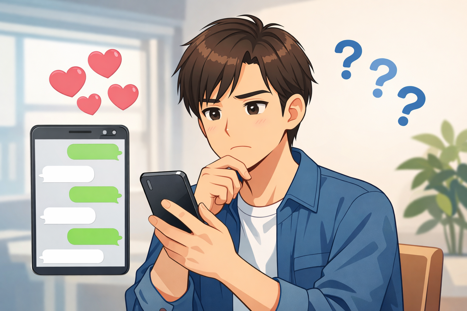 スマホを見ながら相手の好意か社交辞令か悩む男性