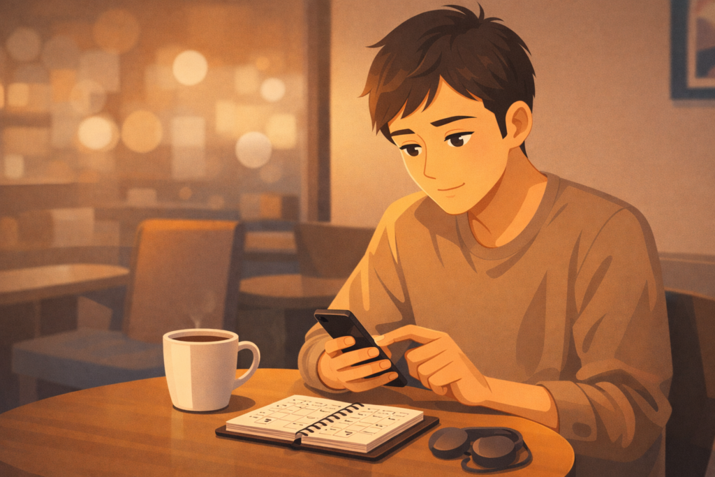 カフェでスマホを見ながら落ち着いてメッセージを作る男性のイラスト