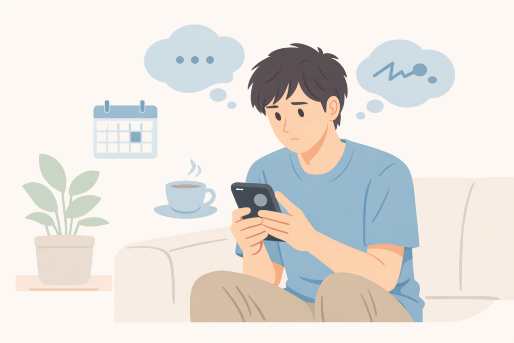スマホを見ながら次の誘い方を考えて悩む男性のイラスト