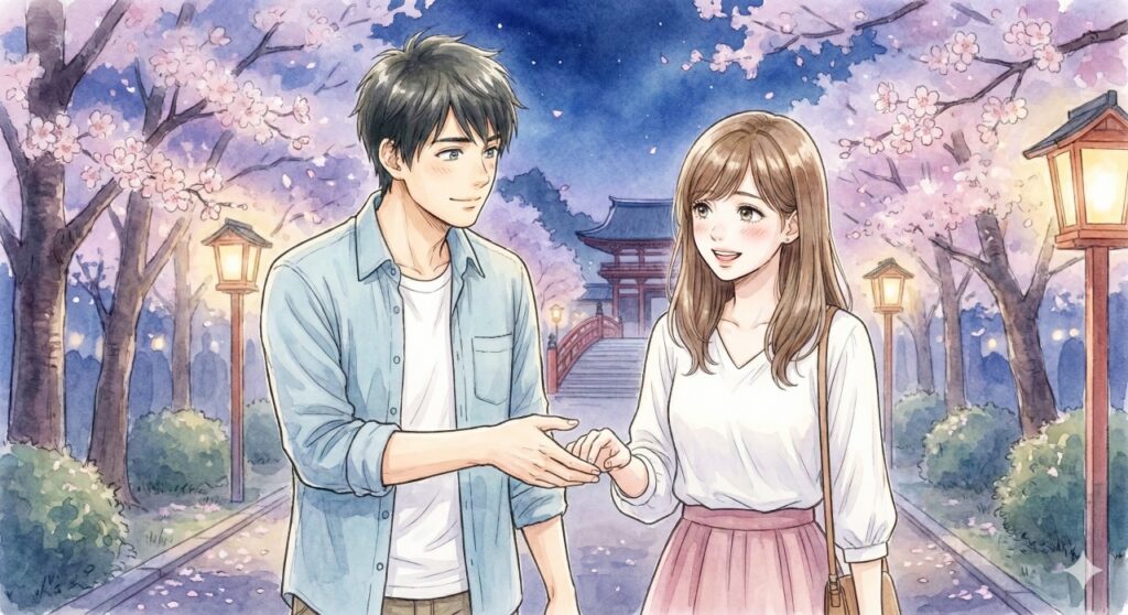 夜の桜並木で、日本人男性が少し照れながら女性に手を差し出し、女性が嬉しそうに見つめている瞬間。背景には灯籠や日本風の建物が見える。