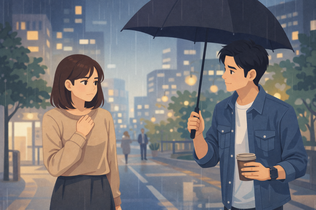 夜の公園でスマホをしまい、時間を示す砂時計のそばで考える男性のイラスト