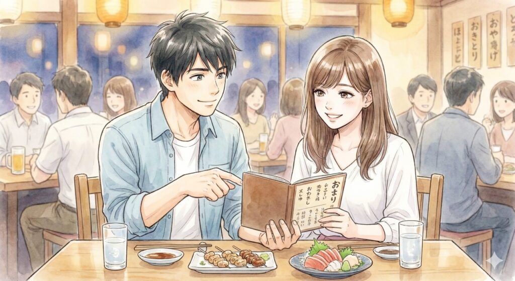 日本の居酒屋で、男性が落ち着いた笑顔でメニューを指差し、女性に選択肢を提示している。女性は安心して微笑んでいる。テーブルには焼き鳥や刺身が並ぶ。