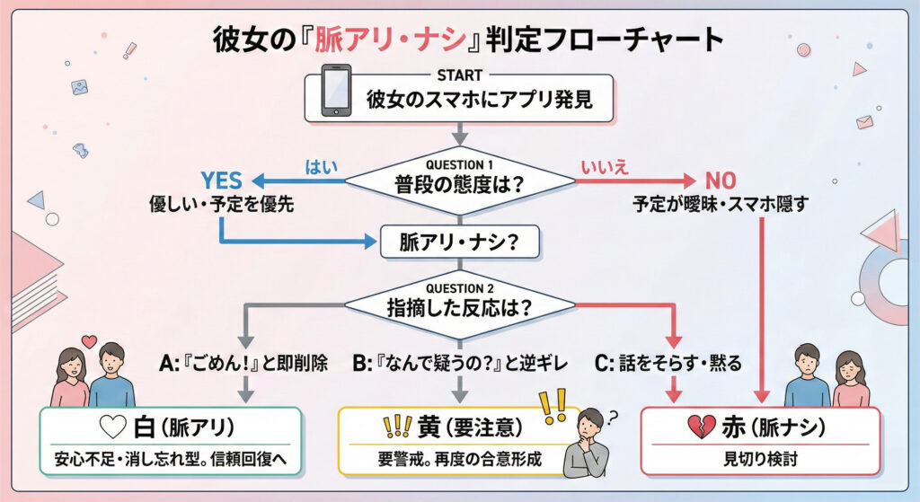 彼女がマッチングアプリをやめない場合の「脈アリ・ナシ」判定フローチャート。普段の態度の良し悪しと、アプリを指摘した時の反応（即削除、逆ギレ、黙る）から、白（脈アリ）、黄（要注意）、赤（脈ナシ・見切り検討）の3段階で診断します。