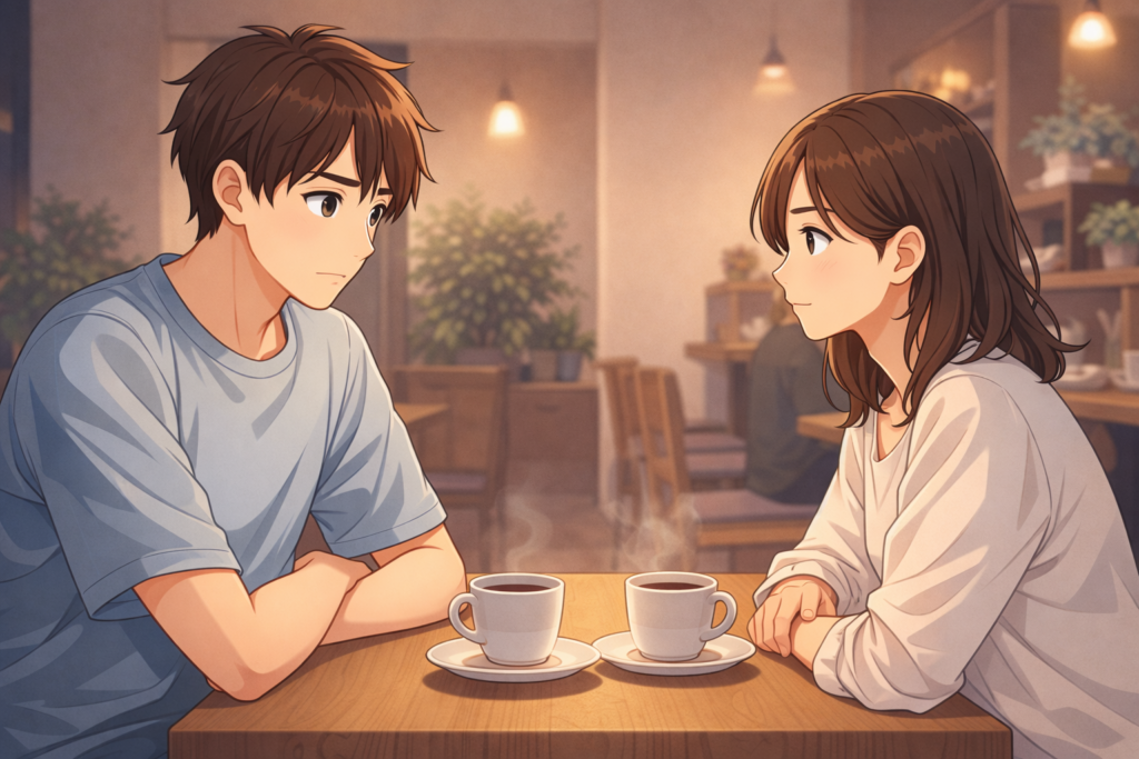 カフェのテーブルで向かい合い穏やかに話す男女