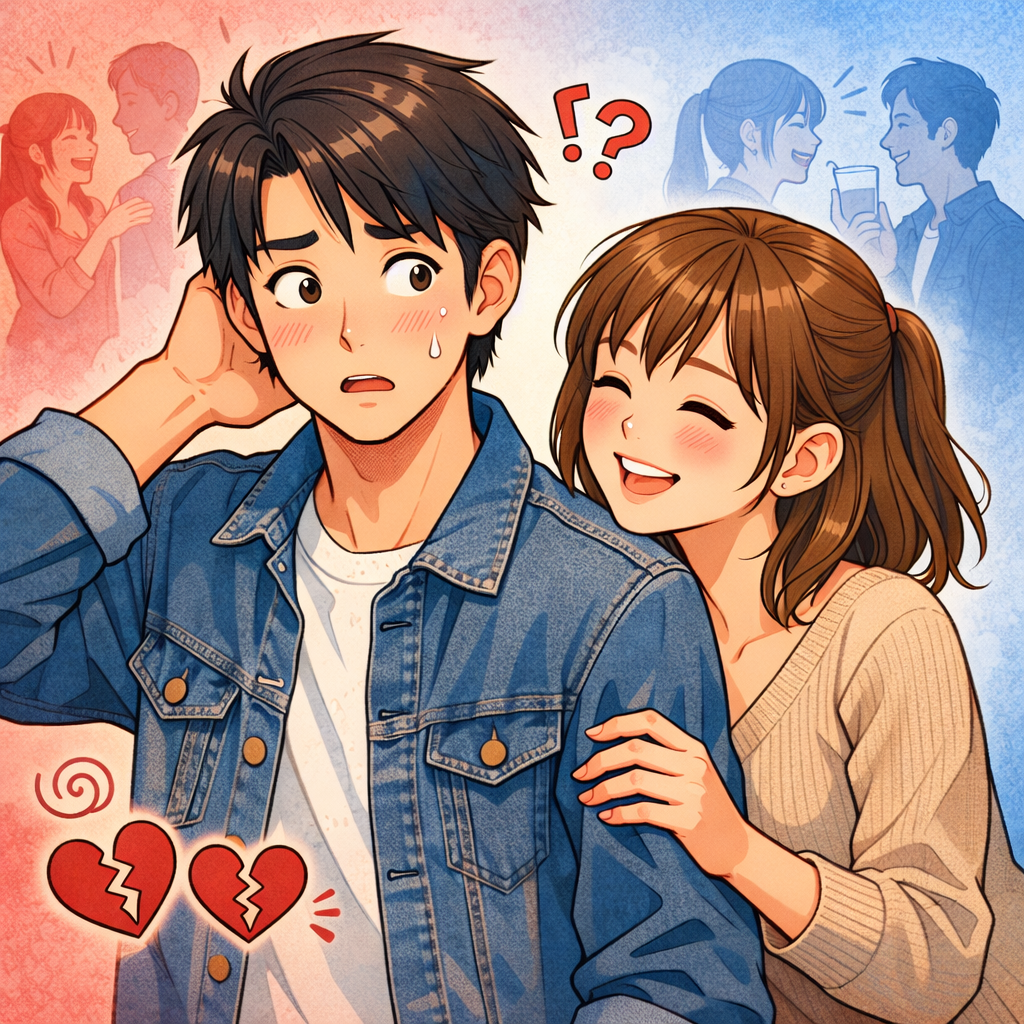 女性に腕を触れられて戸惑う男性を中心にした恋愛コラム向けのイラスト