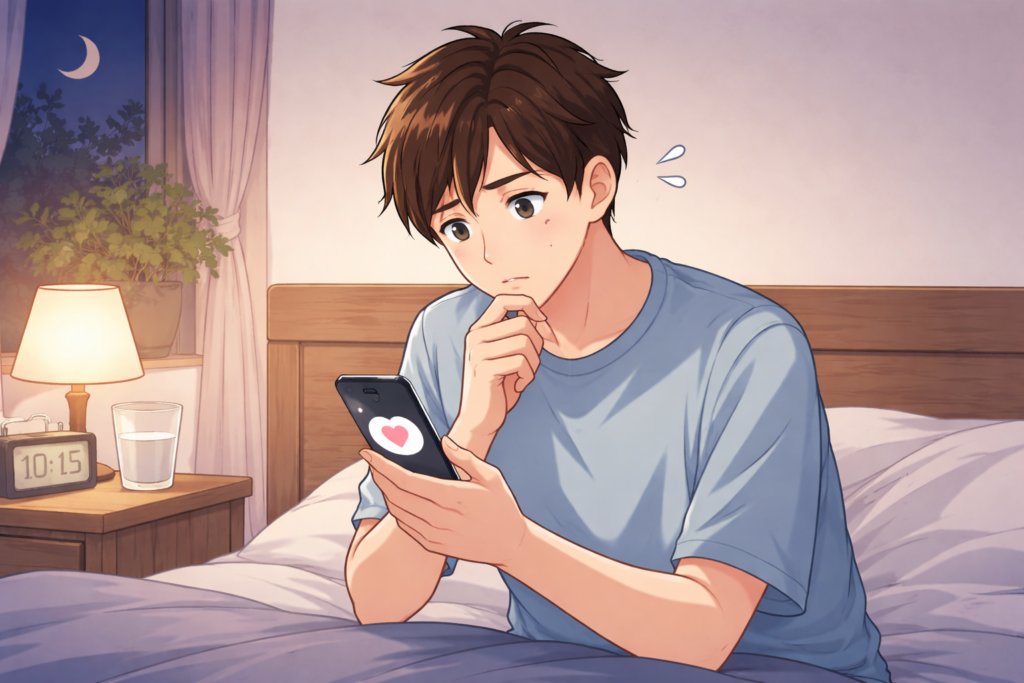 夜の部屋でスマホを見て不安そうに考え込む男性