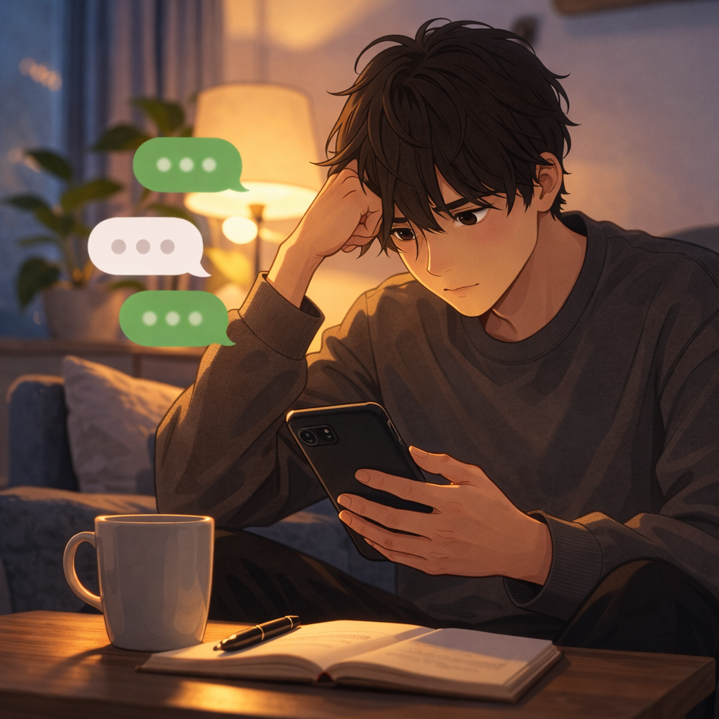 夜の部屋でスマホを見ながら、彼女の気持ちが分からず不安そうに考え込む男性のイラスト