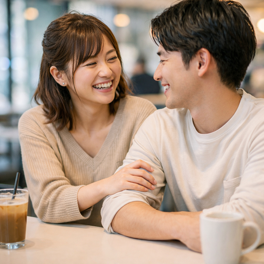 カフェで女性が男性の腕に触れつつ笑顔で話している様子