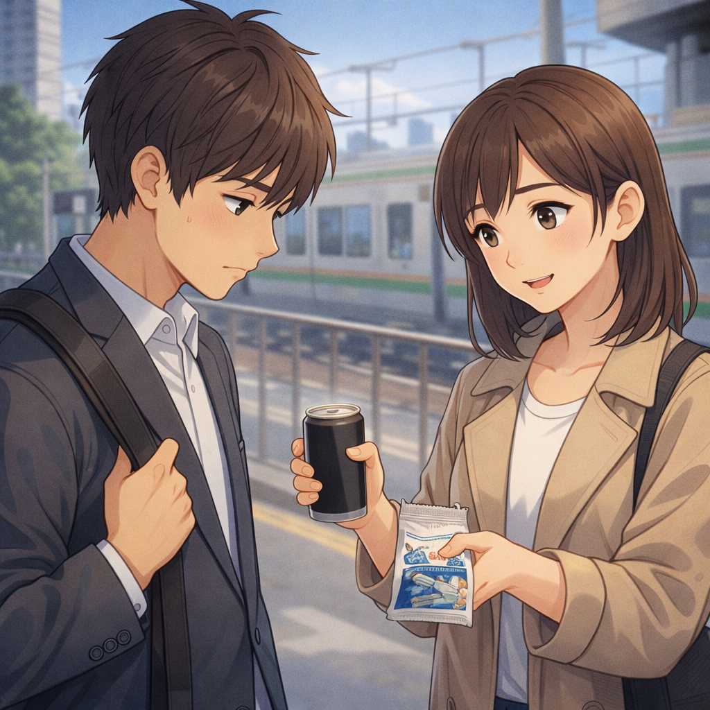 駅のホームで缶コーヒーとのど飴を差し出し、言葉ではなく気遣いで好意を見せる女性のイラスト